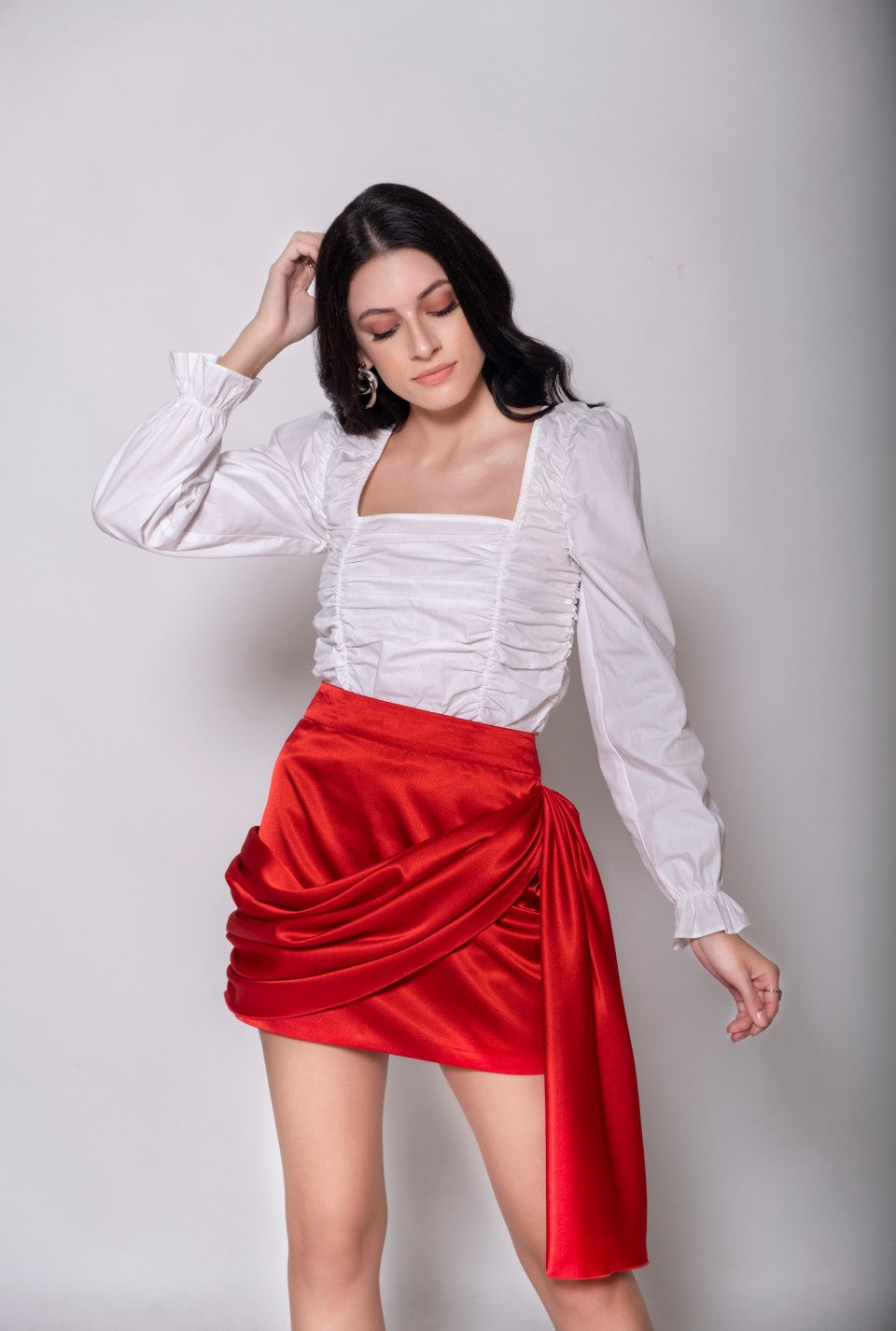 White Puff Sleeves Top + Red Satin Mini Cowl Skirt